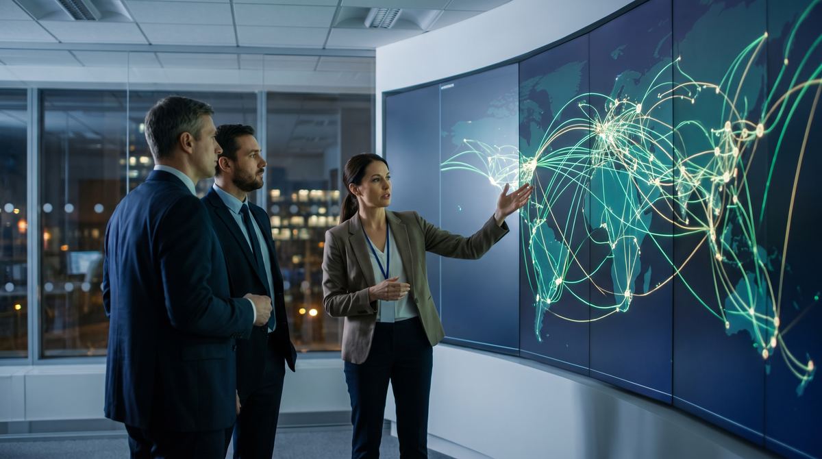 Business team reviewing AI productivity dashboards in a modern boardroom